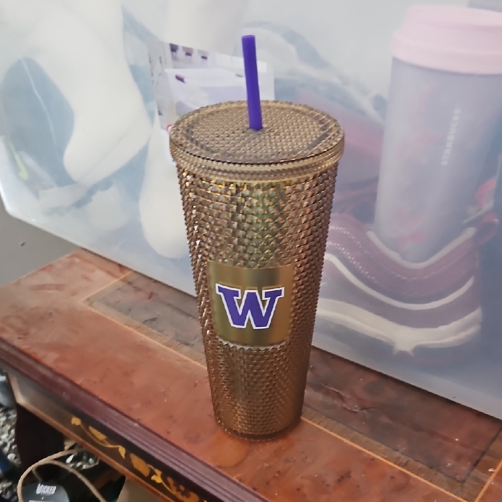 Starbucks Gold Studded Tumbler with Purple Straw